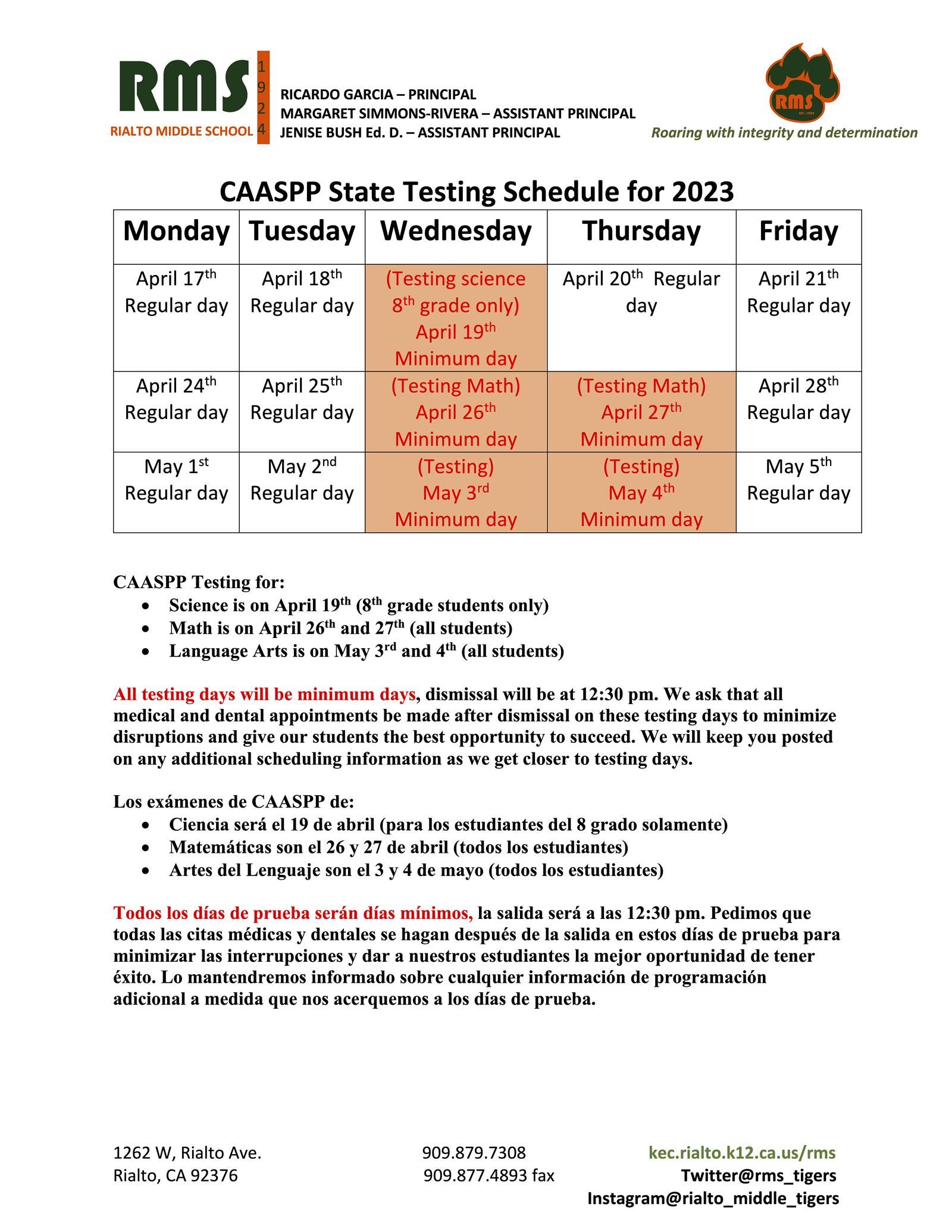 CAASPP Testing Schedule